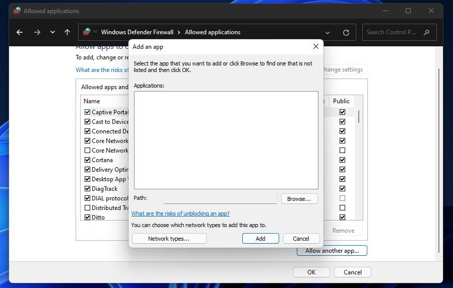 Окно добавления приложения в брандмауэр