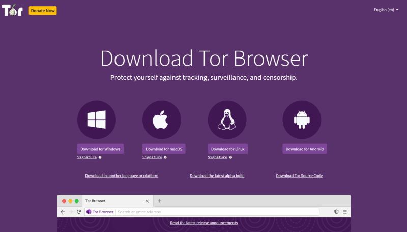 Страница загрузки Tor Browser
