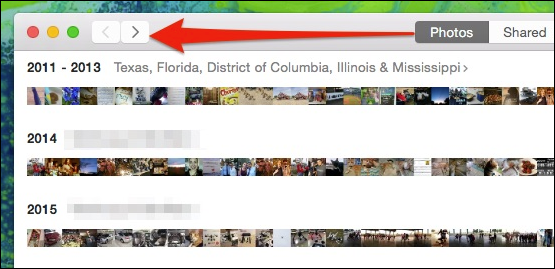 Навигация и стрелки для быстрого просмотра библиотеки фотографий в Photos