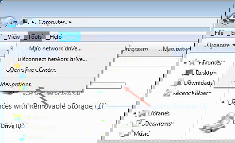 Пункт меню с открытыми Параметрами папок