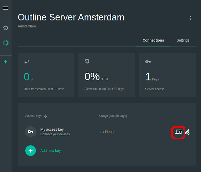 Экран конфигурации Outline: управление ключами и трафиком