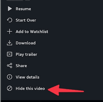 Pantalla móvil de Prime Video con la opción para eliminar un título de Seguir viendo