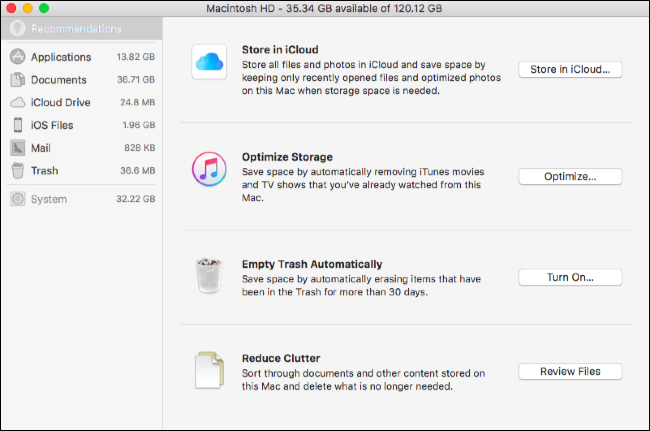 Список рекомендаций по освобождению места на Mac