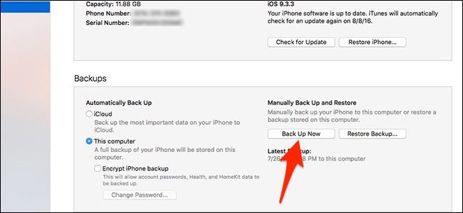 iTunes: кнопка 'Back Up Now' в разделе резервного копирования