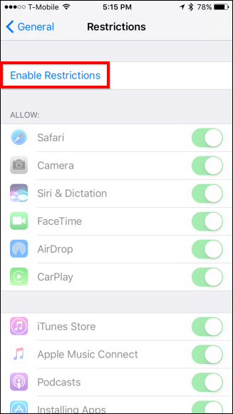 Экран настройки Ограничений — включение на iOS