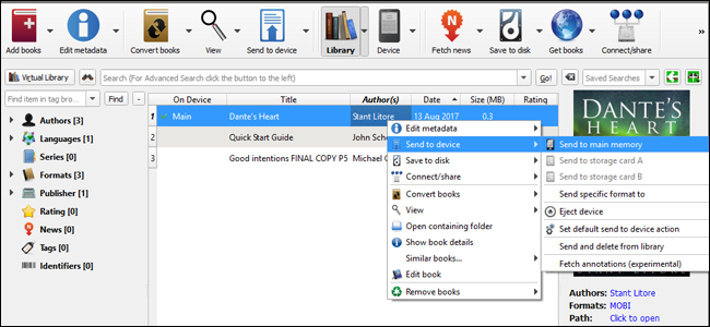 Интерфейс Calibre с библиотекой