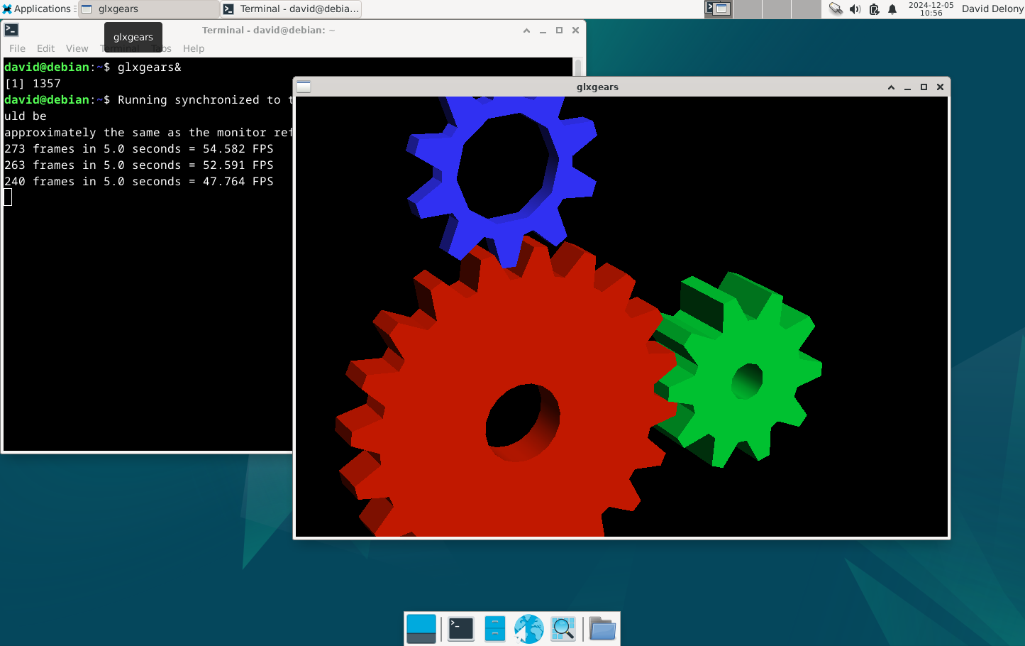 Демонстрация glxgears в Debian на рабочем столе Xfce