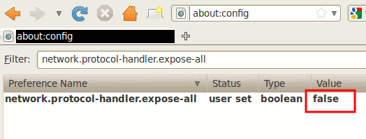 Изменение значения network.protocol-handler.expose-all на false