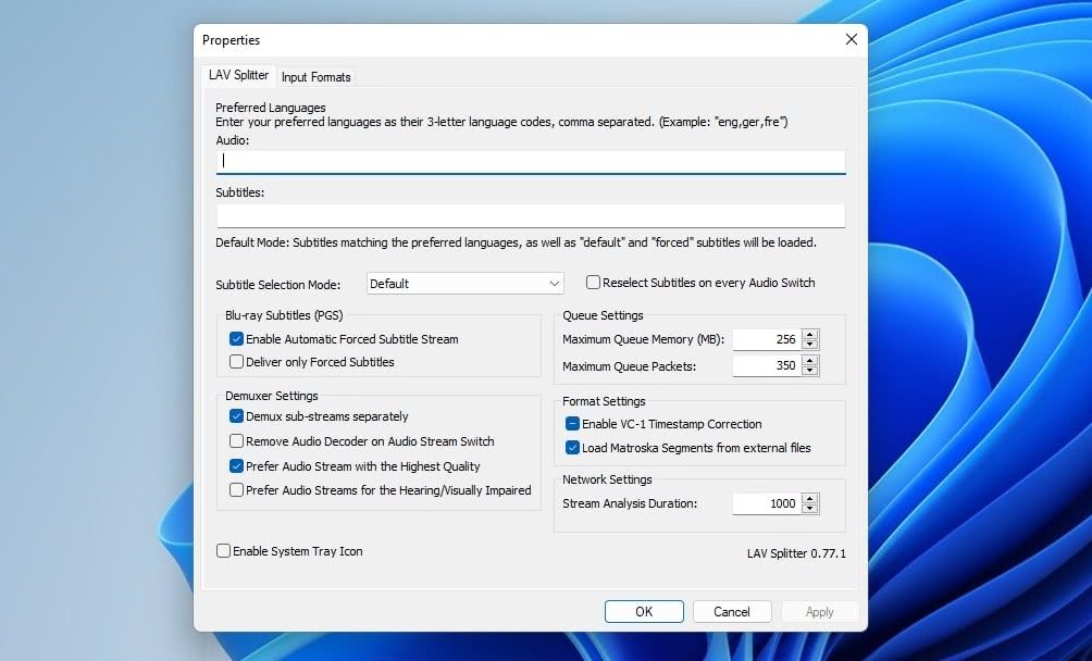 Настройки LAV Splitter, поля выбора языка и системного трей-значка