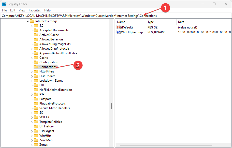Окно Редактора реестра с выделенным разделом Connections