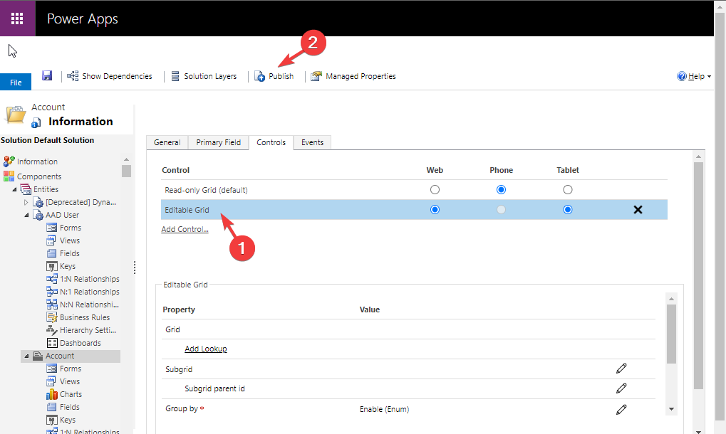 Параметры Editable Grid для сущности