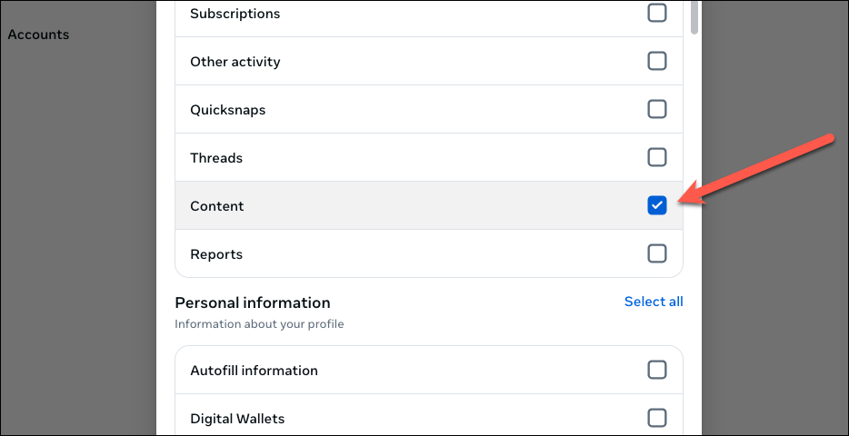 Выберите «Контент» для скачивания