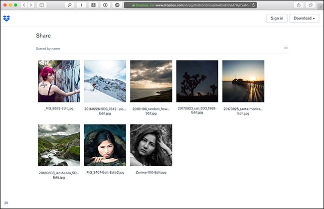 Просмотр папки с загруженными фотографиями и опцией «Поделиться»