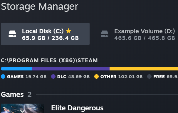 Вид двух папок библиотеки Steam: исходной и новой