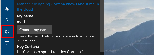 Настройки Cortana — иконка шестерёнки в левой колонке