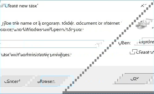 Диалог ввода explorer.exe для перезапуска процесса Проводника