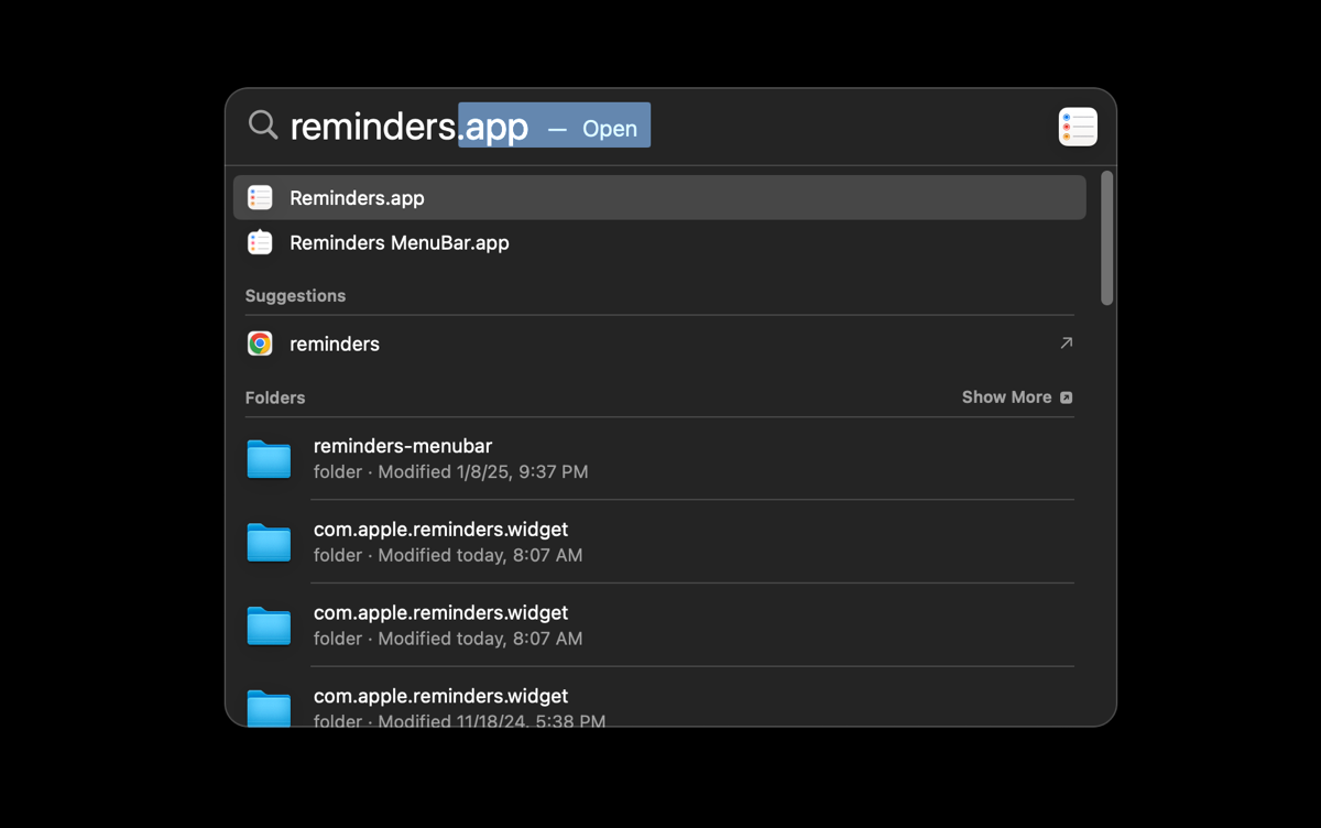 Страница Spotlight с Reminders в строке поиска