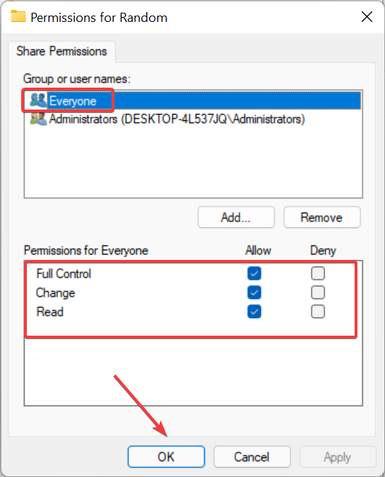Проверьте права группы Все