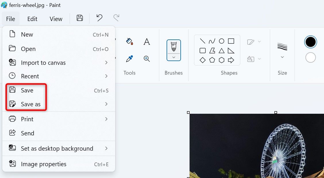 Save' and 'Save As' highlighted in Paint's 'File' menu.