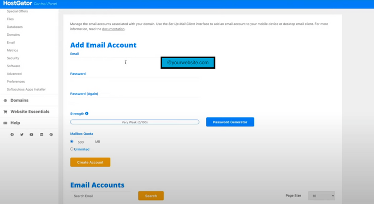 Панель управления HostGator с разделом почты