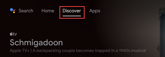 Вкладка Обзор (Discover) на главном экране Android TV.
