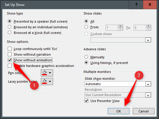 Окно «Настроить показ» с опцией «Показывать без анимации»