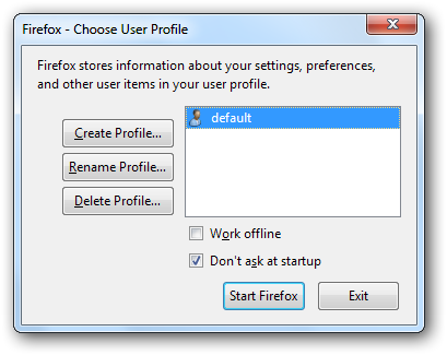 Окно Диспетчера профилей с опцией не спрашивать при запуске