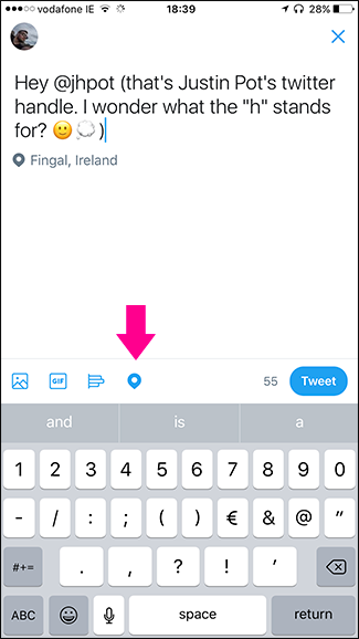 Кнопка геолокации в интерфейсе создания твита