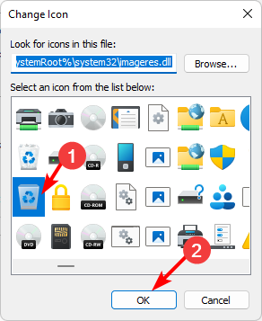 Выбор иконки корзины из списка доступных