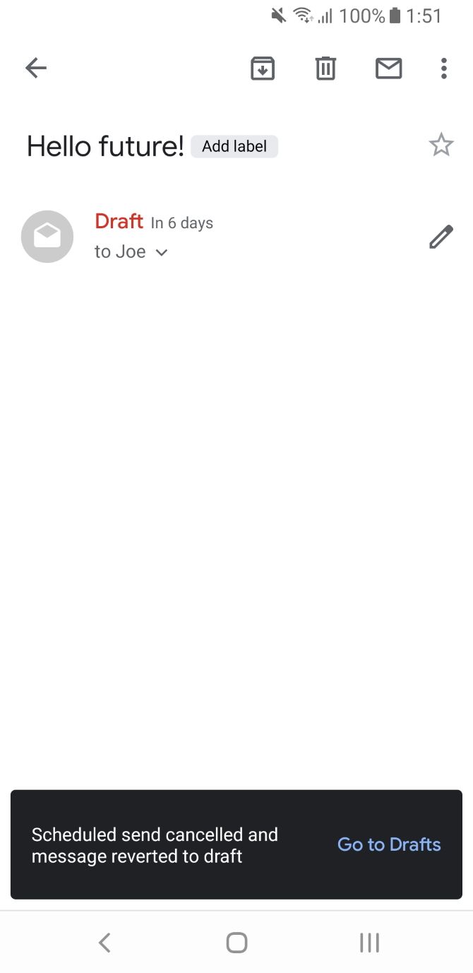 Отправленное в черновики запланированное письмо на мобильном Gmail