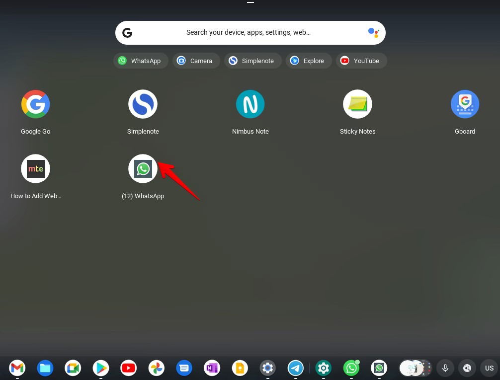 Ярлык WhatsApp в лаунчере Chromebook