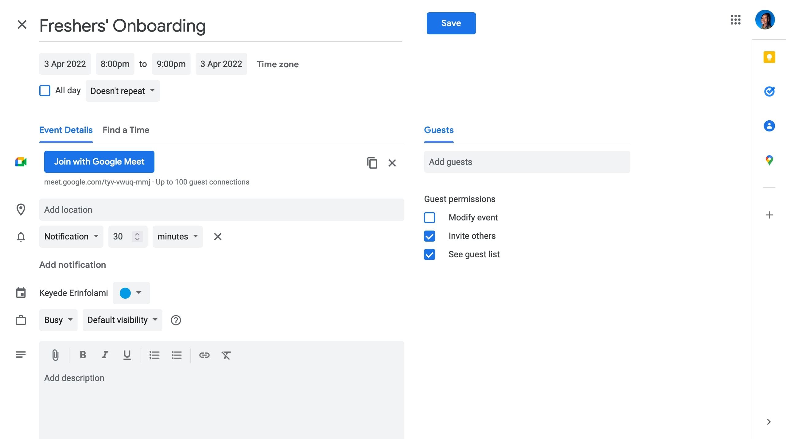 Окно создания события в Google Calendar с параметрами напоминания
