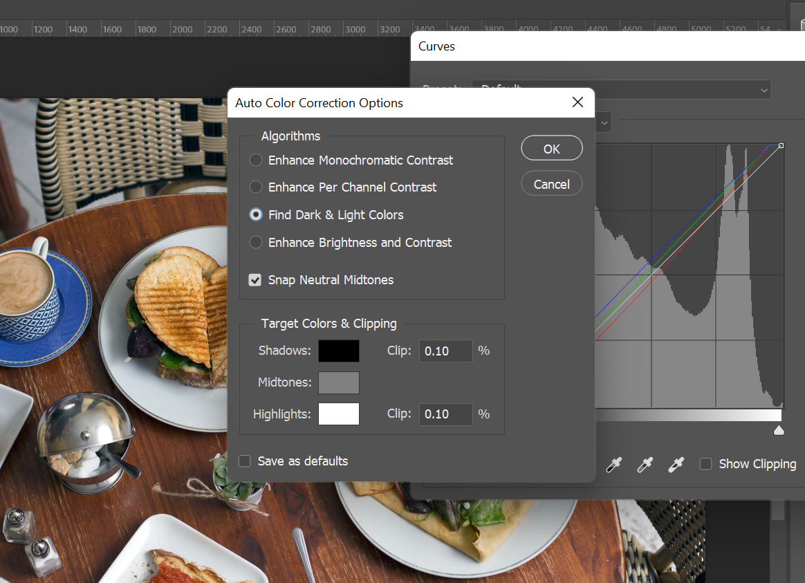 Опции автонастройки кривой в Photoshop.