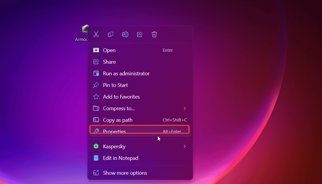 Свойства установщика Armoury Crate