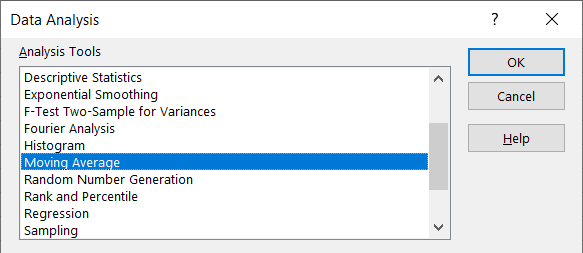Выбор Moving Average в списке Analysis ToolPak
