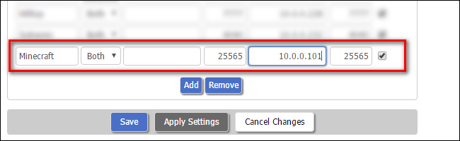 Форма проброса порта с полями имя, внутренний адрес и порты