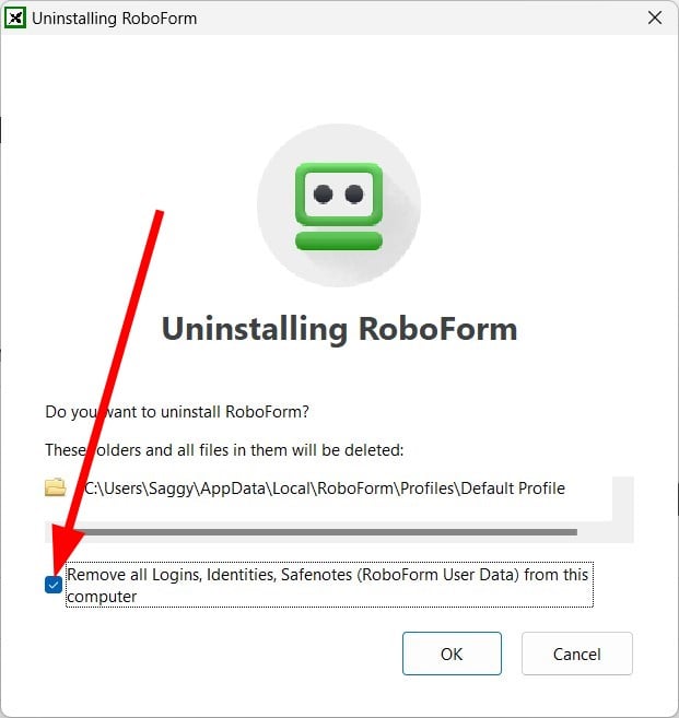 Опция удаления всех данных пользователя RoboForm с компьютера