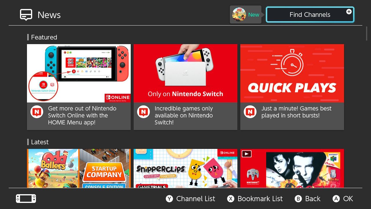 Меню приложения Новости на Nintendo Switch с выделенным пунктом Найти каналы