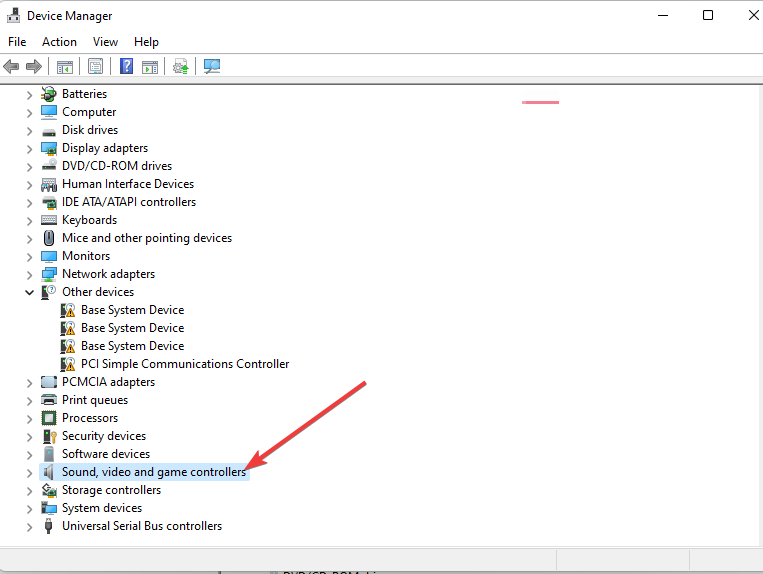 Диспетчер устройств, раздел «Звуковые, игровые и видеоустройства» раскрыт