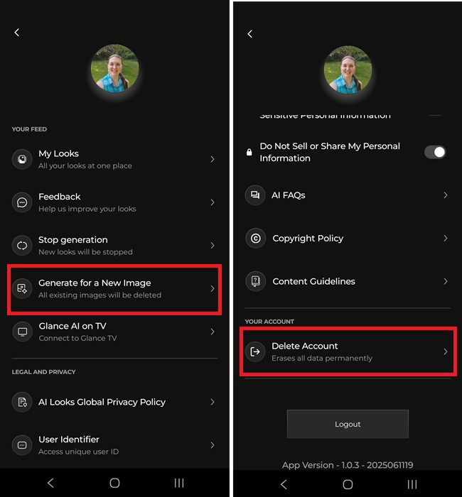 Удаление изображений и аккаунта Glance AI.