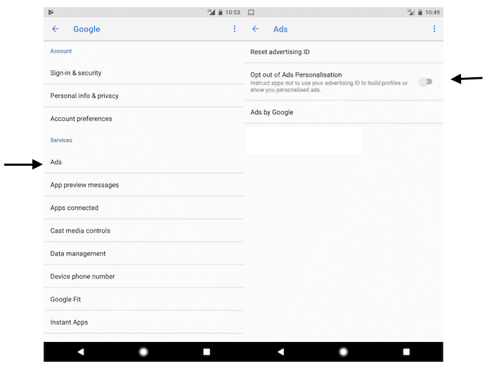 Экран настроек рекламы в Google на Android