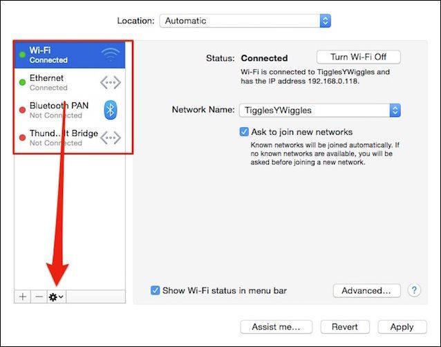 Открыто меню действий для сетевых служб