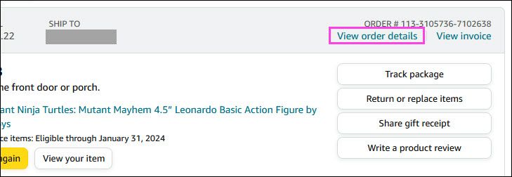 Просмотр деталей заказа на странице заказов Amazon