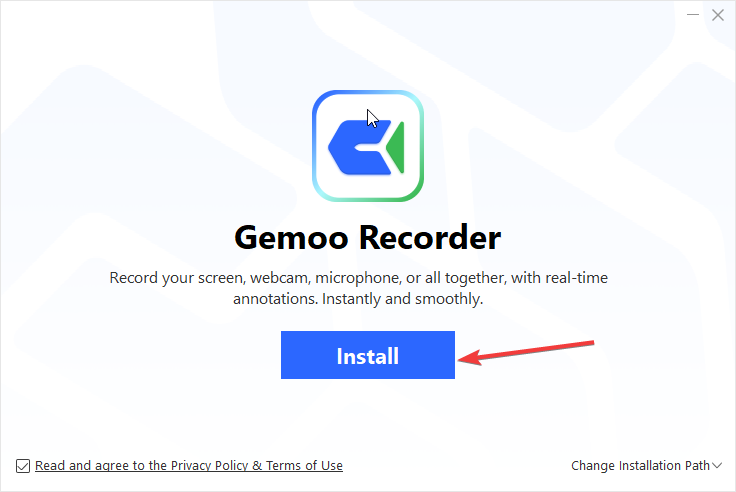 Мастер установки Gemoo Recorder: кнопка Install