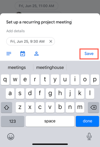 Кнопка «Сохранить» в мобильном приложении
