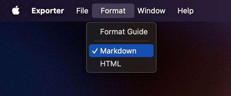 Выбор формата экспорта в приложении Exporter на Mac.