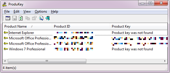 Окно NirSoft ProduKey — ключи продукта Windows