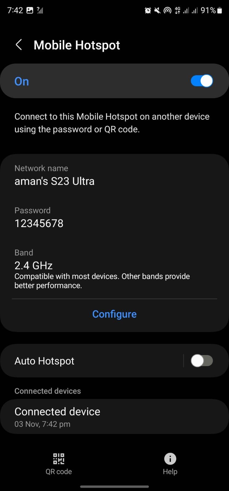 Открыты настройки мобильной точки доступа на Android‑телефоне