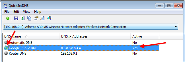 Подтверждение смены DNS в интерфейсе QuickSetDNS