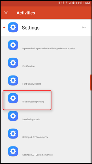 Выбор пункта .DisplayScalingActivity в списке Settings